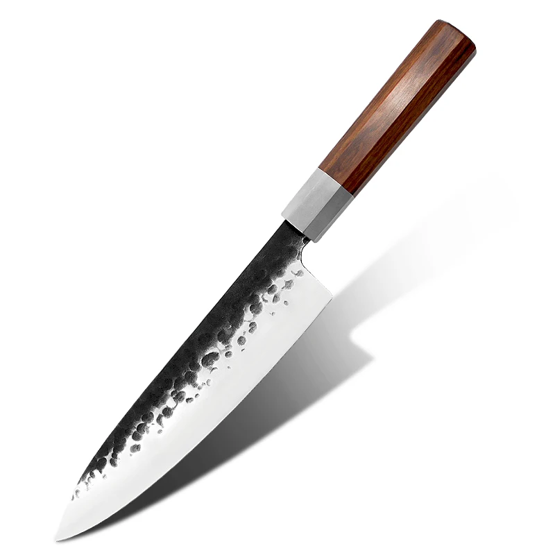 Лидер продаж на Amazon, черное оксидантиовое лезвие, восьмиугольная деревянная ручка, 8 дюймов, кованый кухонный шеф-нож