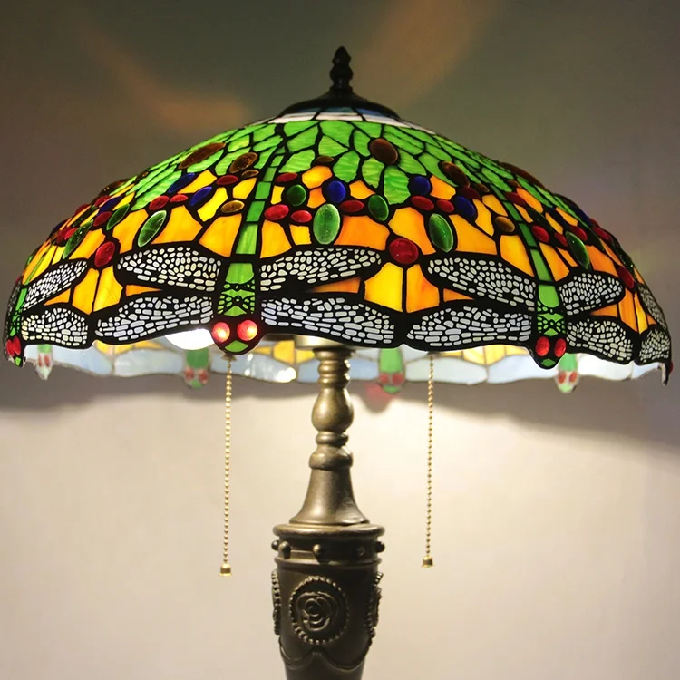 LongHuiJing Tiffany Style Dragonfly Design 2-light Table Lamp  Stained Glass Lampshade Deskt Light With Antique Resin Base