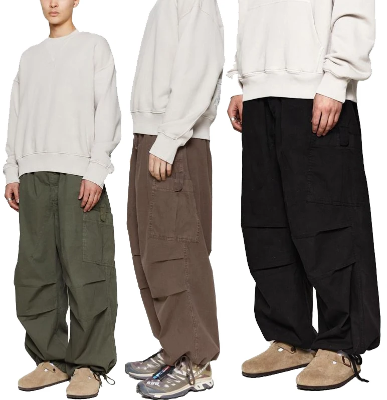 Mens Parachute Pants Loose Fit Wide Legged Cargo Trousers Olive Cotton Joggers Streetwear Hipster Clothes Baggy Pants