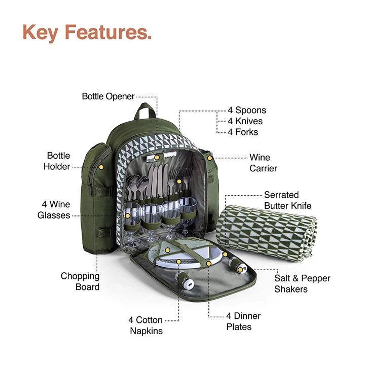 Wholesale Picnic Backpack 4 person with Insulated Cooler Compartment - Green (4 Person)