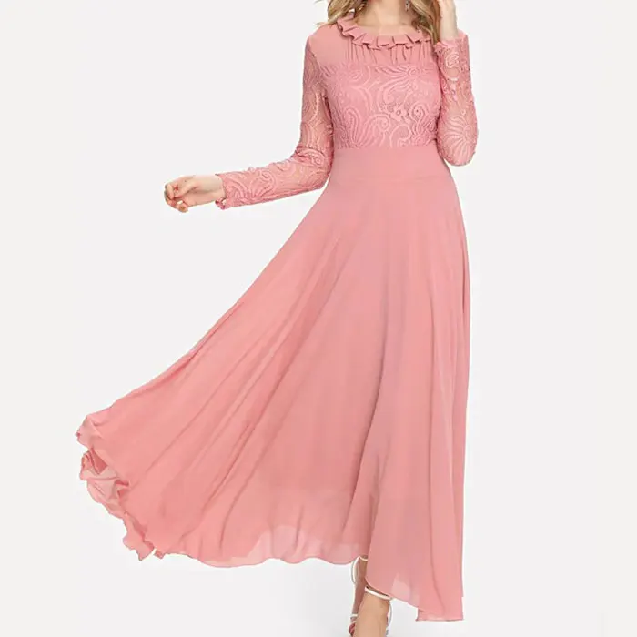 2020 Fashion Custom Lady Chiffon Ruffle Maxi Lace Dress OEM/ODM Vestidos Women Elegant Summer Casual Dresses