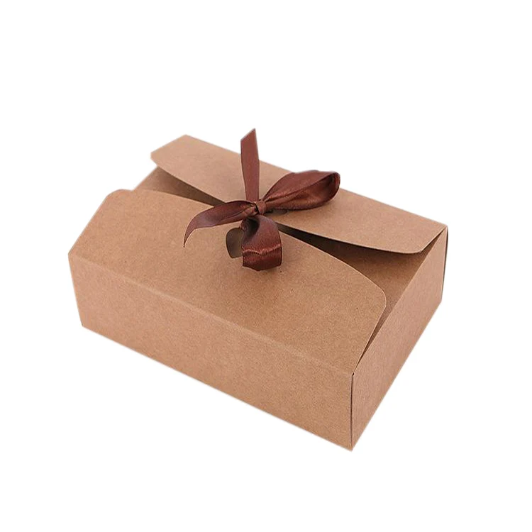 Fancy Paper Chocolate Gift Kraft Paper Brownie Packaging Box With Ribbon Tie