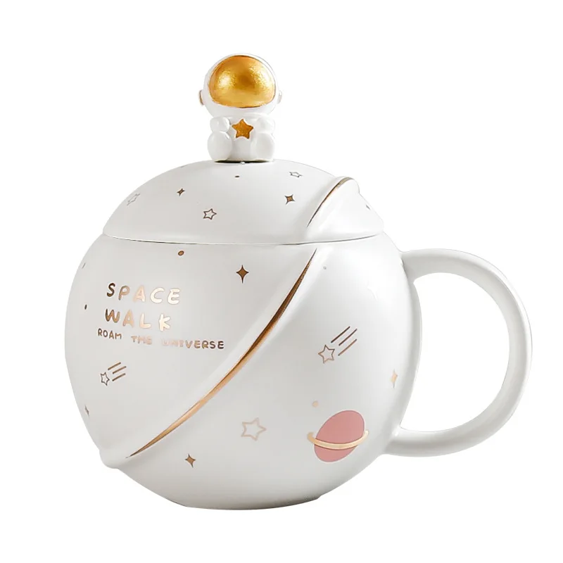 Cute Astronaut Lid Planet Ceramic Coffee Mug with Spoon