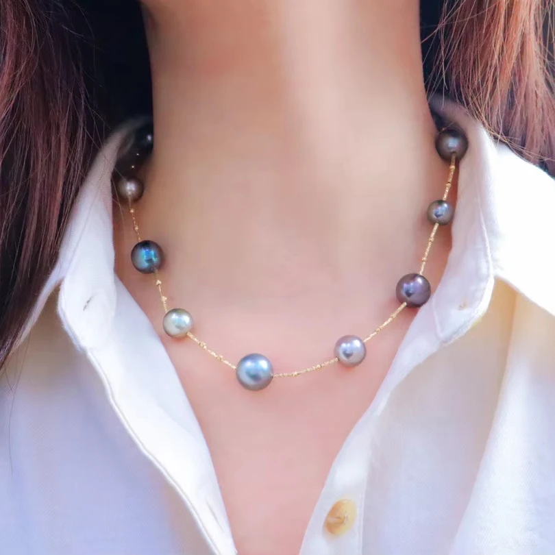 sea water real 18K gold material small large pearl arranged Tahitian tassel tail pearl necklace