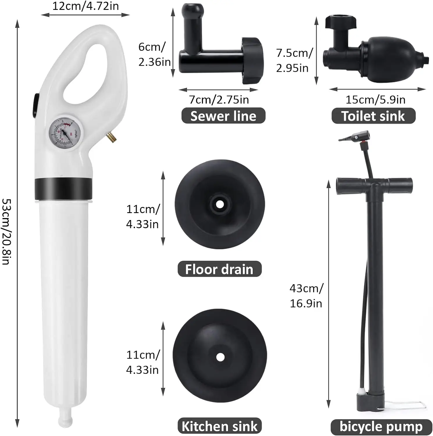 high pressure snake drain unclog toilet remover cleaner sink tool bathroom kitchen toilet auger air plunger blaster kit