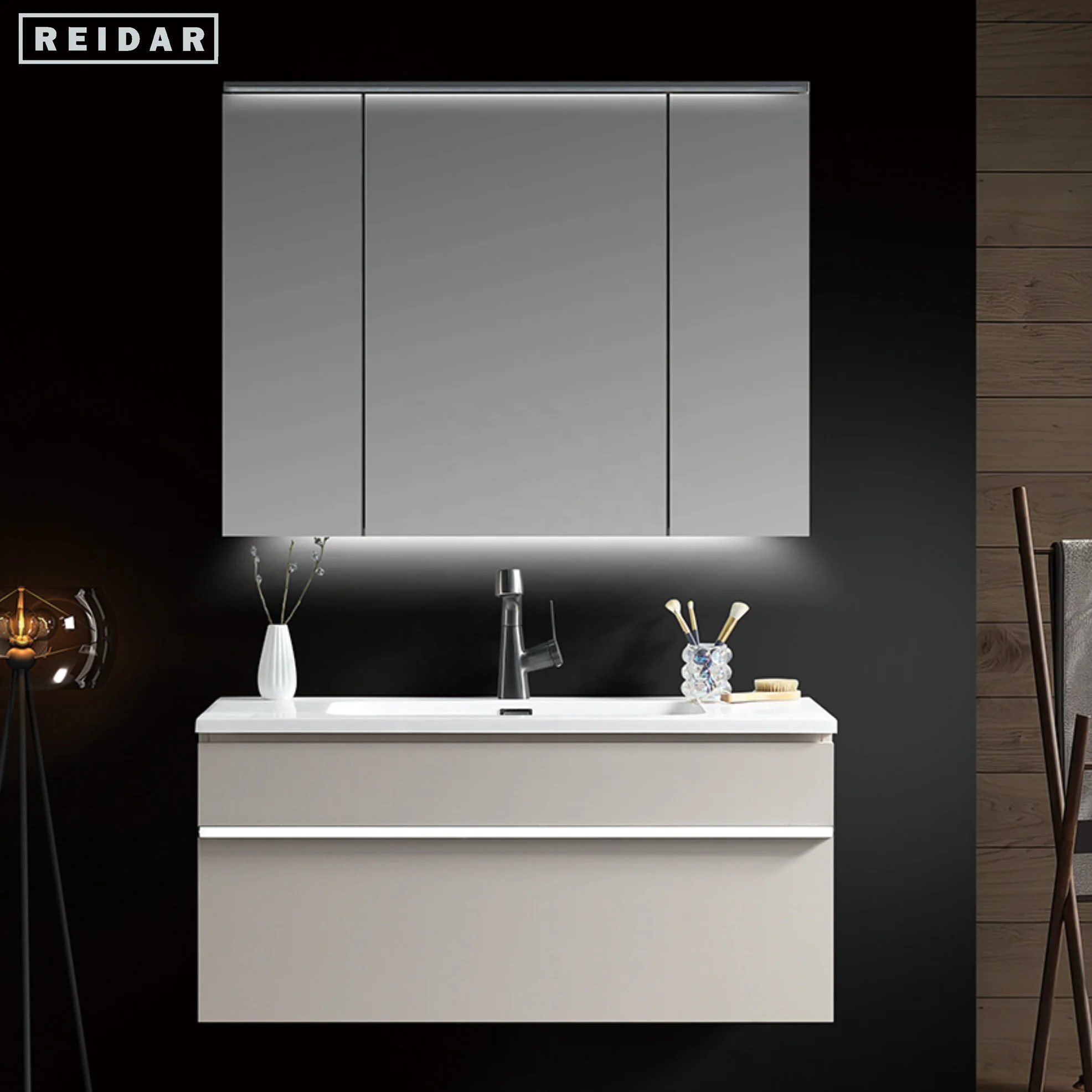 Luxury Customize Basin Bath Cabinet Single Sink PVC Storage Bathroom Vanities With Countertop Hand Wash Basin With LED Mirror