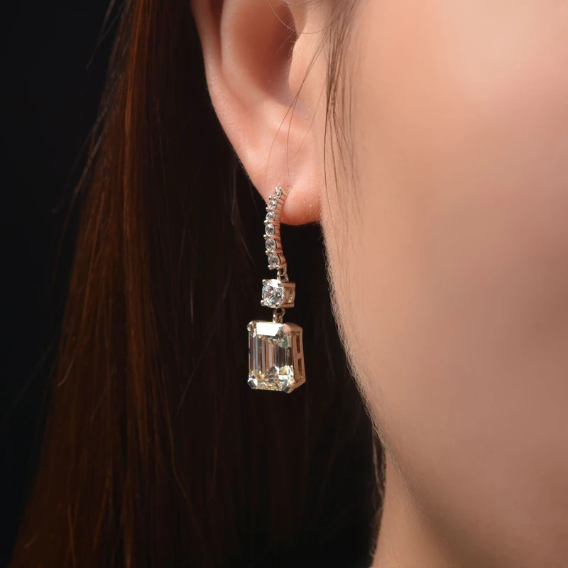 Women Fine Jewelry 8x11mm 4.0ct 10mm Zircon Cubic S925 Sterling Silver Classic Emerald Cut Created Diamond Drop Hook Earrings