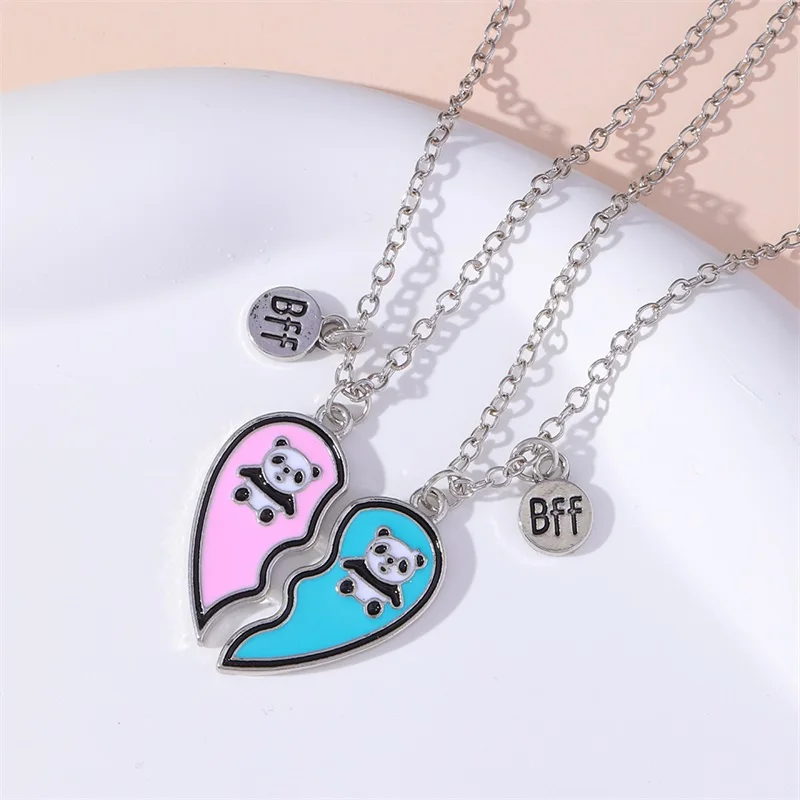 New style BFF best friend series cute little panda print heart splicing pendant fashion jewelry necklaces