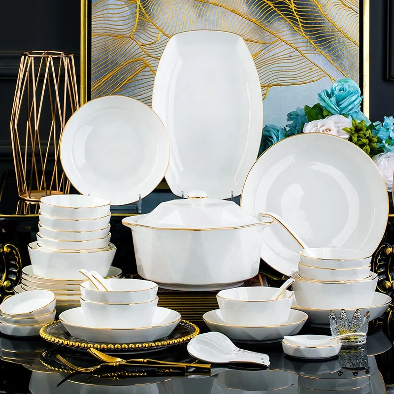 Nordic elegant porcelain gold bone china Plates Dinnerware Set Tableware Tray Hexagonal dinner sets of dishes for kitchen