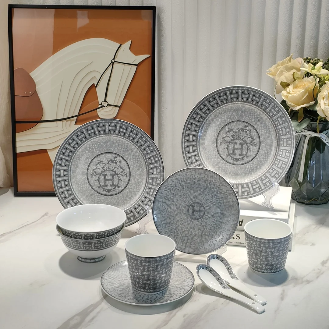 10 Piece Kitchenware Dinnerware Bone Bowl and Plate Dinner Set Kitchen Accessories Gray Dinner Set Western Ceramics China 72 Pcs