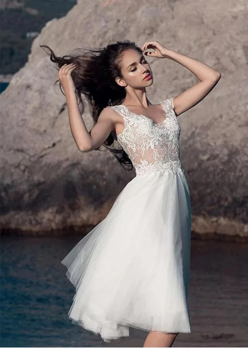 13571 # короткими цельнокроеными рукавами Vestido De Novia в богемном стиле V образным вырезом Тюль Кружева Аппликация до колена Короткое свадебное платье невесты 2022