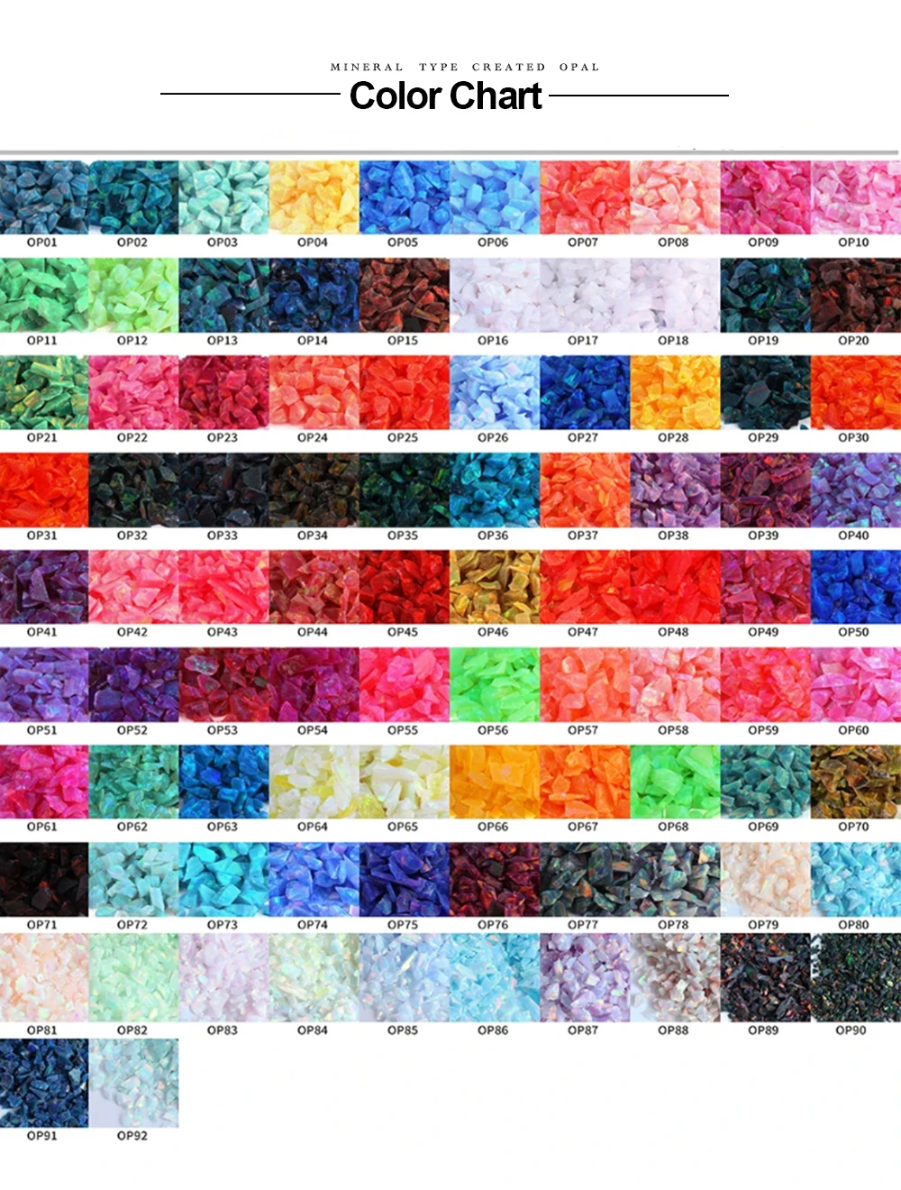 (MOQ 5g Each Size Each Color) Wholesale 92 Colors Synthetic Crushed Synthetic Opal Chips Different Size Crushed Opal