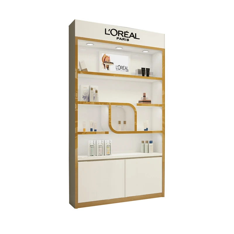 Customized White Cosmetic Store Shelves Fixtures Beauty Skincare Products Shop Wall Shelf Showcase With Led Light