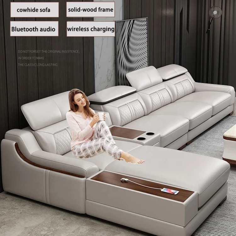 Modern simple living room leather sofa Villa Apartment high-end furniture multi-functional corner with audio +USB charging sofa