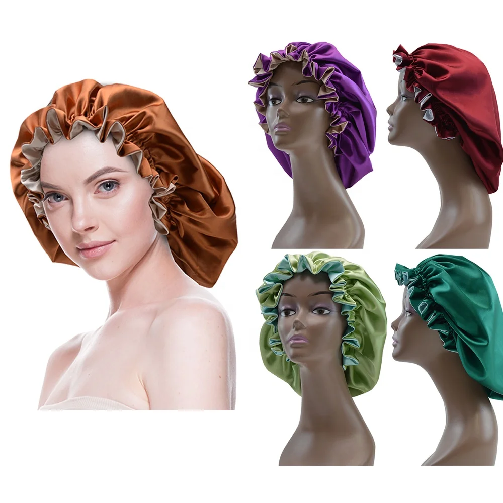 Women Night Sleep Hats Double Layer Silk Satin Bonnets Sleeping Cap Adjustable Sleeping Bonnet