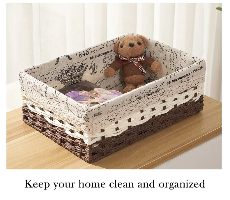 Hand-Woven Paper Rope Storage Basket Metal Desktop Cosmetics Coffee Table Storage Box Cloth Cover Hanging Wicker Basket
