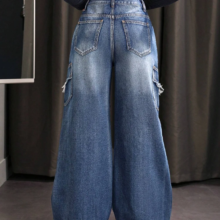 Women high waist pants pocket baggy straight-leg hip hop trousers luxury crazy jeans for women