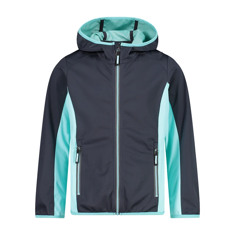 Windproof drawstring Two Zip Side Pockets Membrane Elasticated Cuffs Warm Fleece Layer Softshell Fabric Kids Ski Jacket