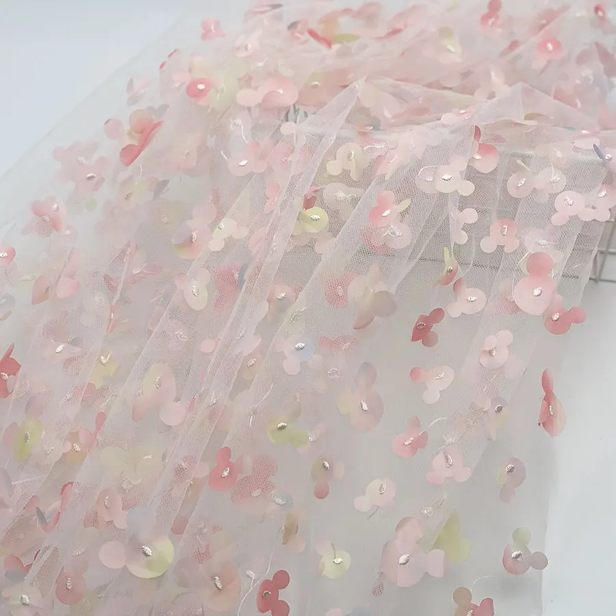 Textile embroidery 3D rainbow multicolor laser cutting printed mickey mouse appliques tulle mesh fabric