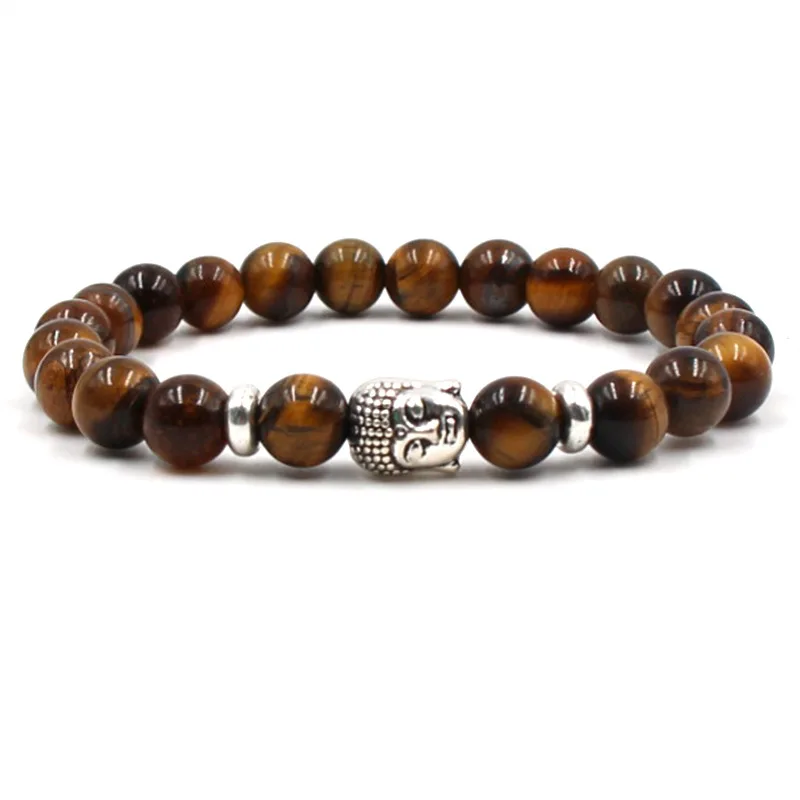 Europe and America 8MM Natural Tiger Eyes Agate Buddhist Bracelets Unisex Buddha Head Charm Beaded Bracelets