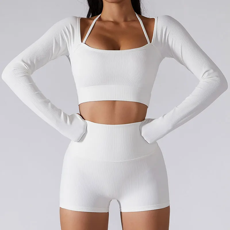 3 Piece Spring Yoga Long Sleeve Female Custom Gym Clothes Seamless Sport Wear Womens Tummy Control Workout Sets