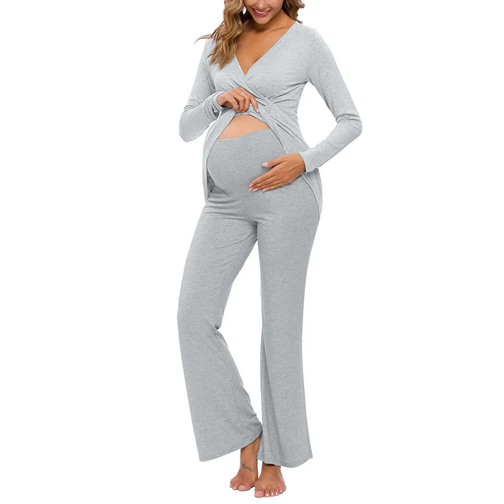 
Spring&Autumn Hot Sale Pregnant Pajamas Solid Stitching V-neck Long Sleeve Trousers Breast-feeding Set Pregnant Casual Pajamas 
