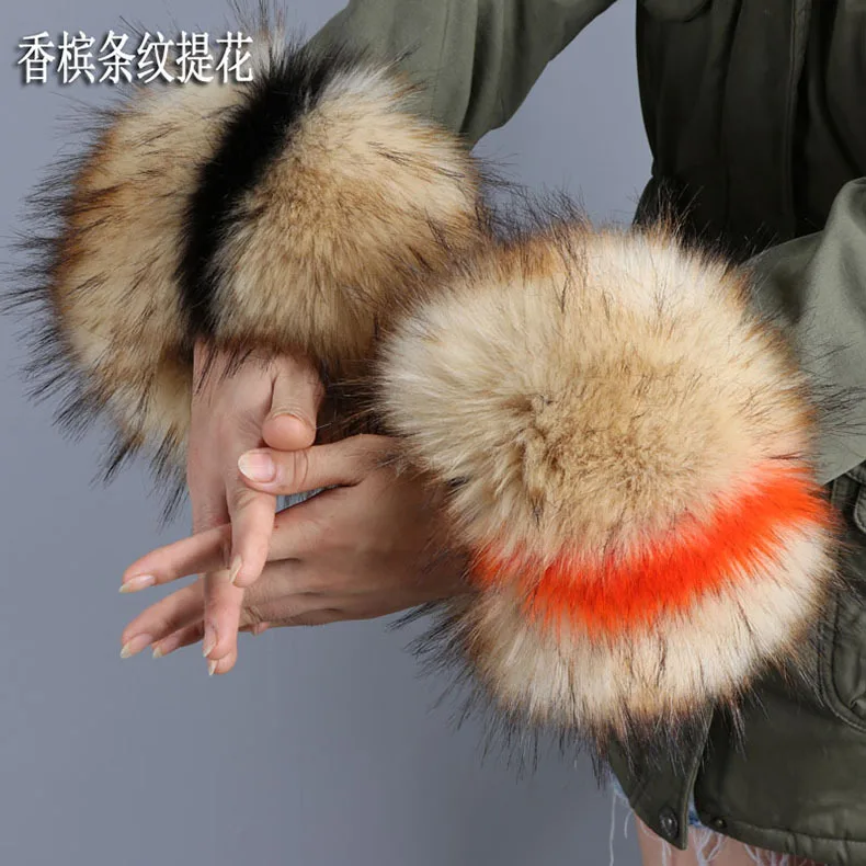 Fashion Parka Coat Jackets decoration Winter 2022 Women fake raccoon Fox Fur Sleeve Cuffs Wrist Ring Raccoon Fur Cuffs