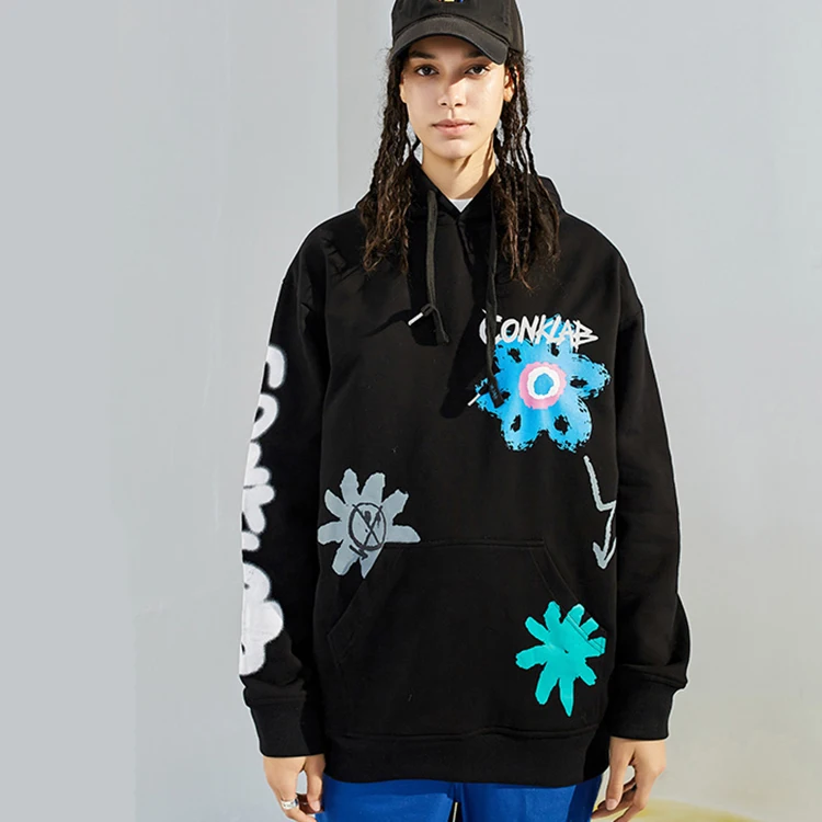 CONKLAB Wholesale Youth Kpop Loose Graffiti Floral Front Pocket Jumpers Ladies Printing Custom Women Cotton Hoodie