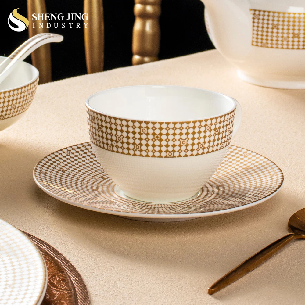 OEM Luxury White Gold Ceramic Dinnerware Set Fine Bone China Tableware Household Restaurant Hotel Ceramic Dinner Sets