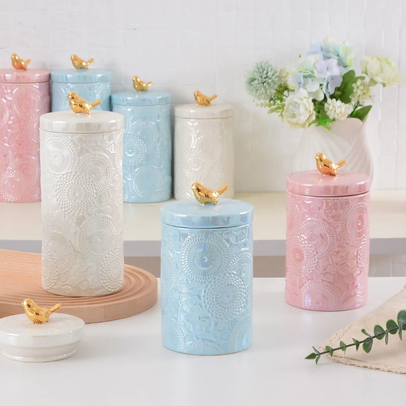 Modern Luxury Ceramic Food Storage Jar With Lid Carved Cylindrical Shape Stoneware Canister Set