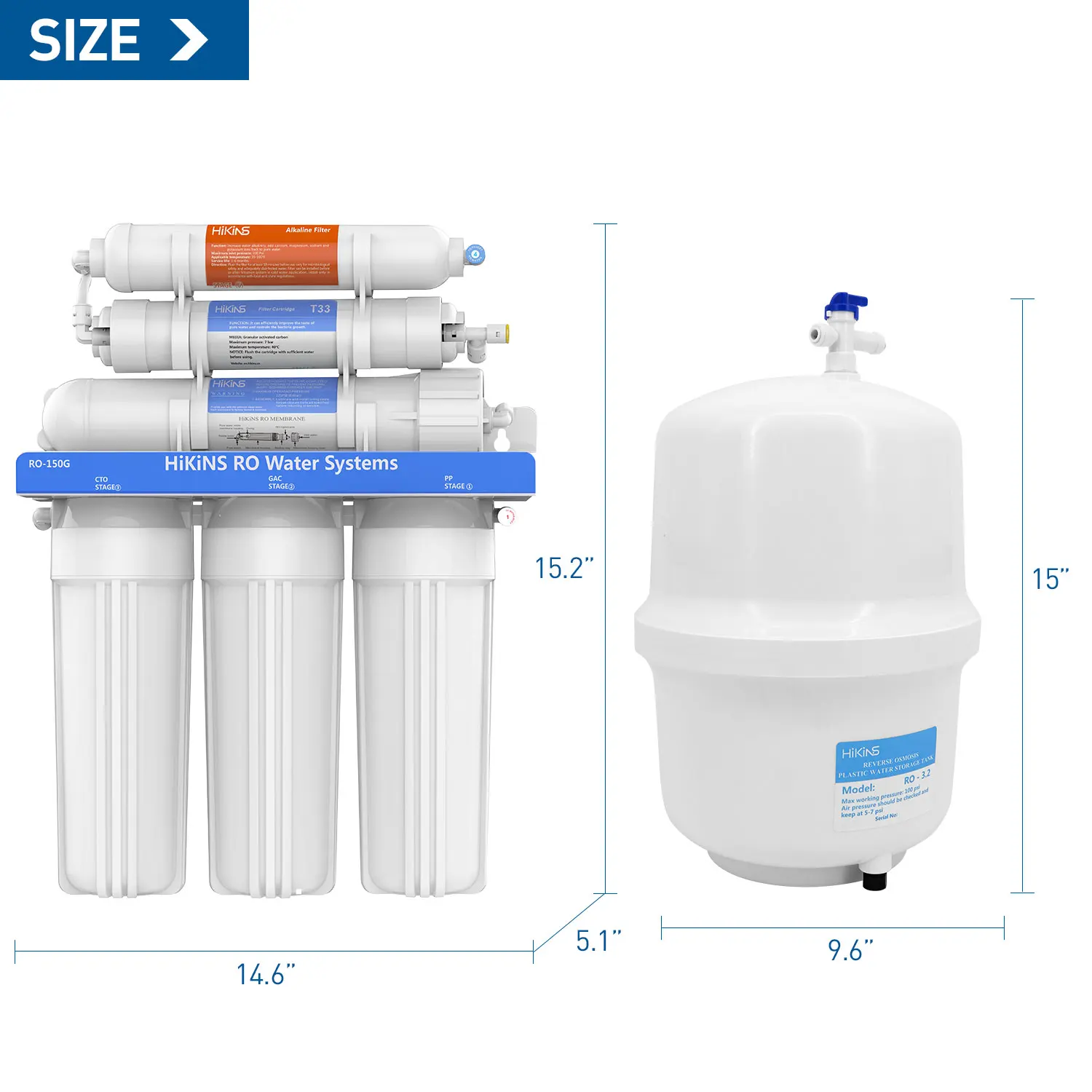 Hikins 150GPD Pumpless Drinking Water Filter Alkaline 6-Stage Reverse Osmosis System Under Sink RO Water Filter System