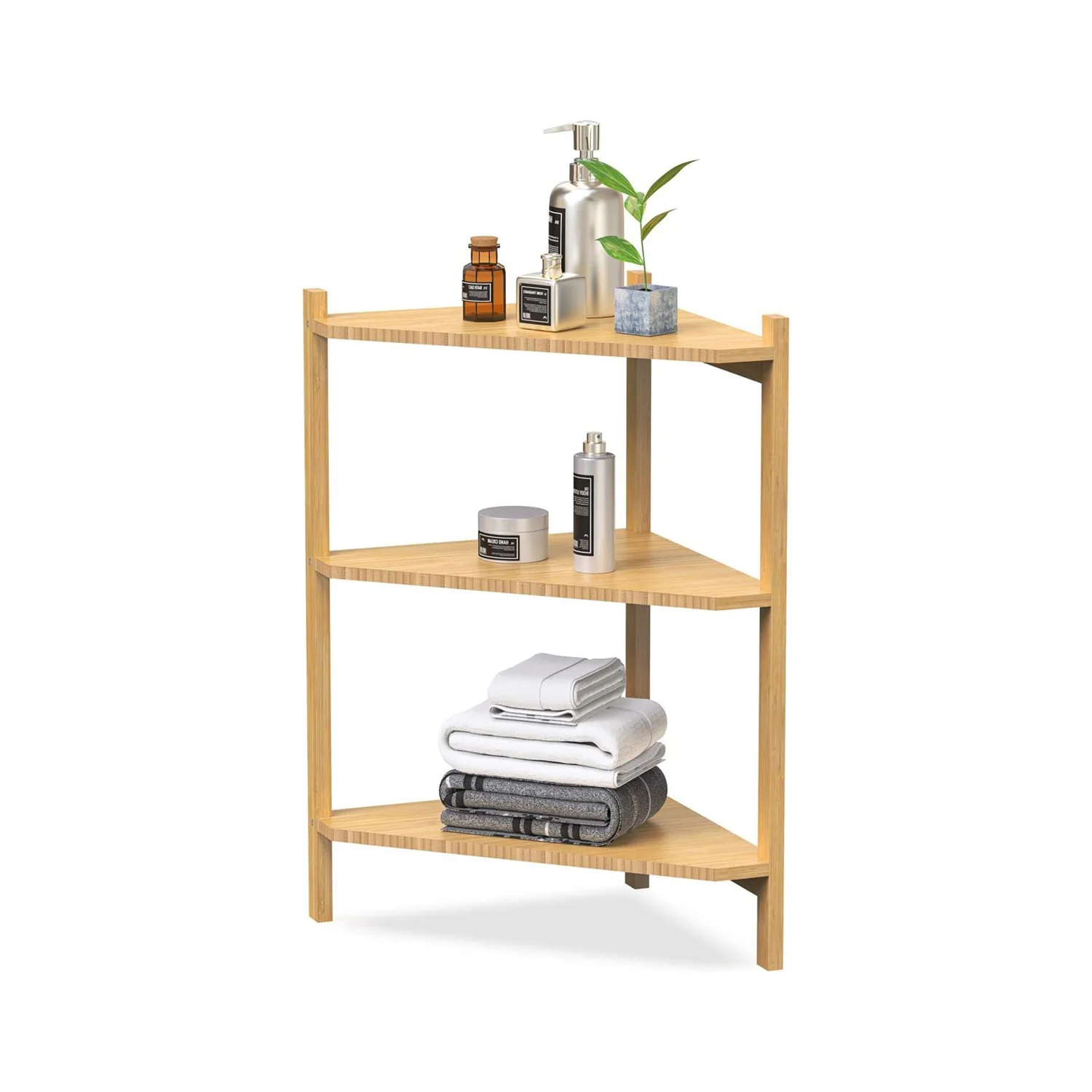 Bamboo Shower Corner Shelves Free Standing Shelf Storage Organizer for Bathroom Living Room 3 Tier Wood Corner Shelf