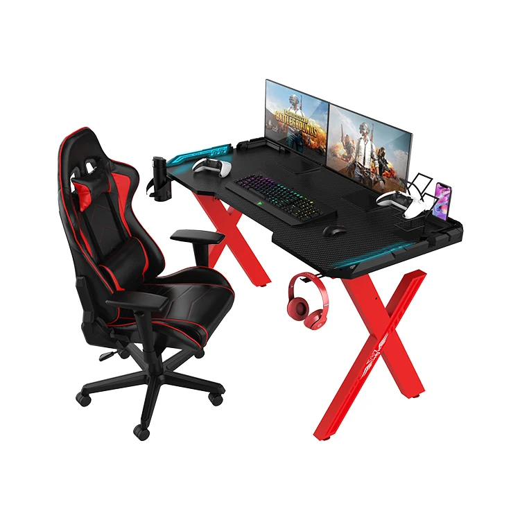 X-Shaped 140cm Red E-sports Gamer Desk With Led Carbon Fiber Desktop Computer Gaming Table Rgb Pc Gaming Desk