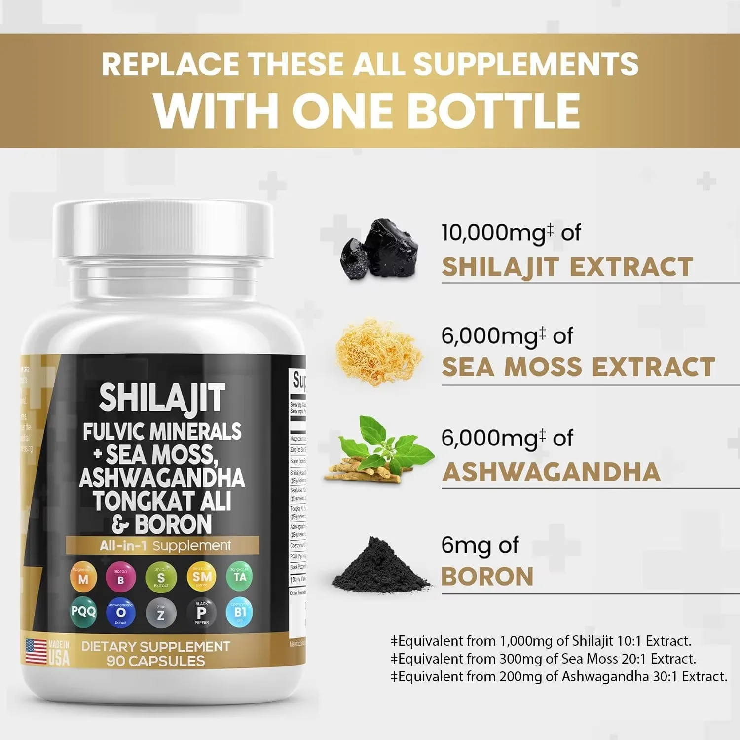 private label Shilajit Supplement 10000mg with Sea Moss Ashwagandha Tongkat Ali Boron Magnesium Fulvic Acid Capsules for Men