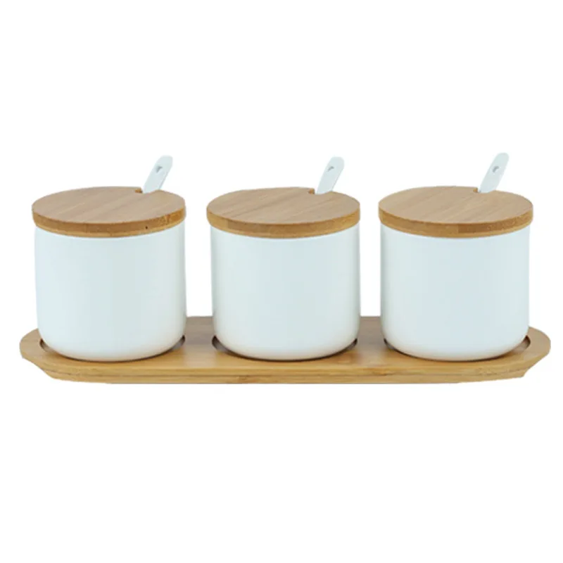 Japanese Style Kitchen Food Porcelain Storage Bottles & Jar Sets With Seal Bamboo Lid Wood Seasoning Pot Ceramic Spice Jar