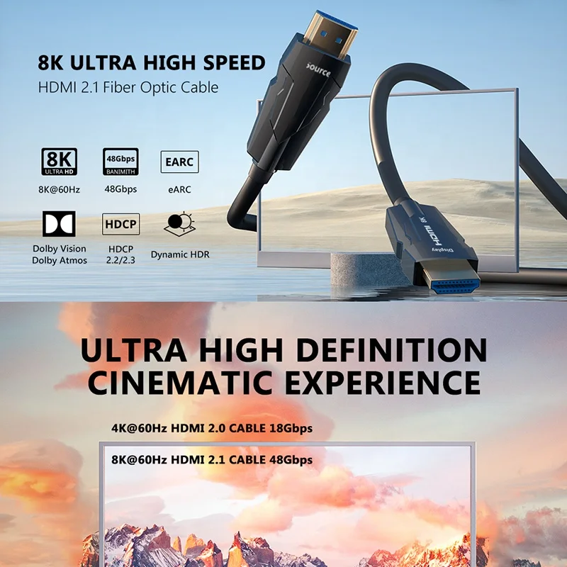 Xput New 48Gbps Fiber Optical HDMI Cable 8K Ultra HD 8K HDMI 21 2.1 Cable 8K@60Hz 4K@120Hz Fiber Optic Cable
