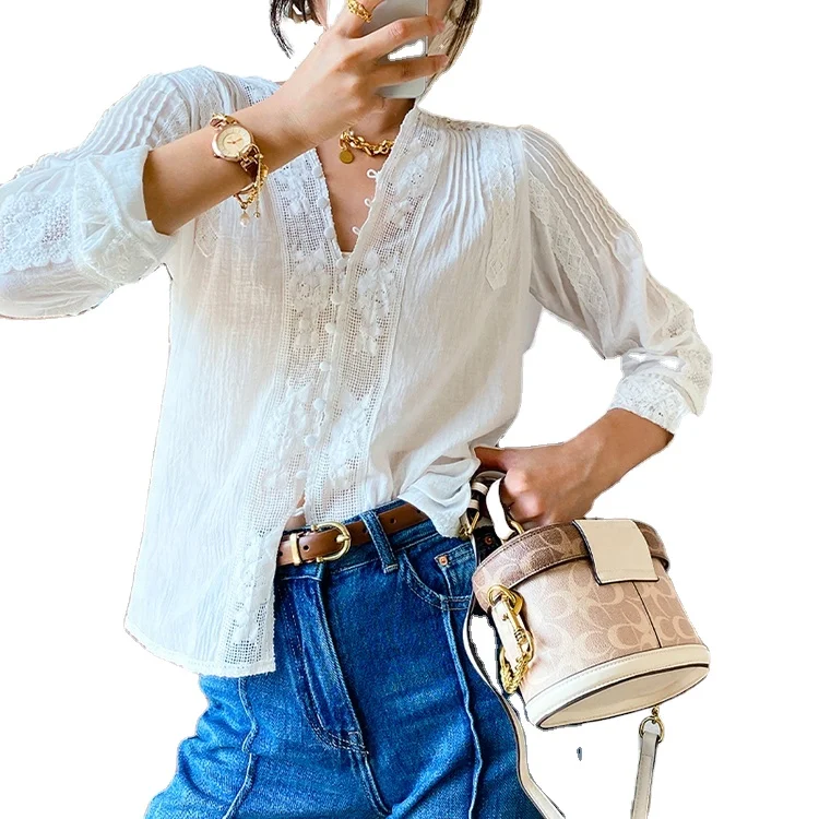 Wholesale BOJIN 2024 Women Summer Beach Wearing Lady Long Sleeve White Elegant Comfy Blouse Women Cotton Vacation V-neck Shirt