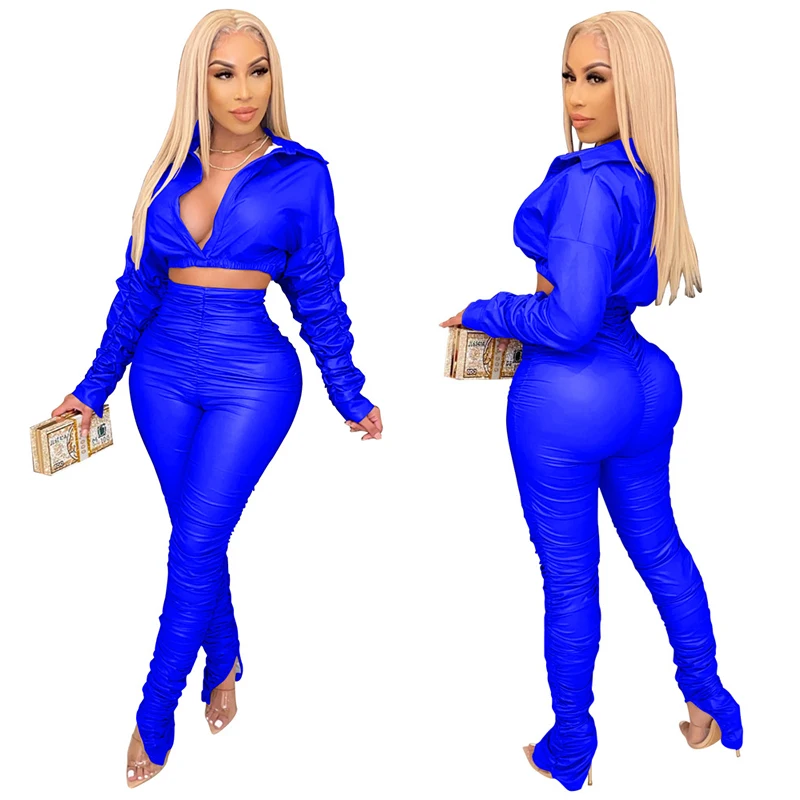 
Wholesale ladies long sleeve solid color crop pu leather sexy fashion 2021 women two piece pants set clothing 