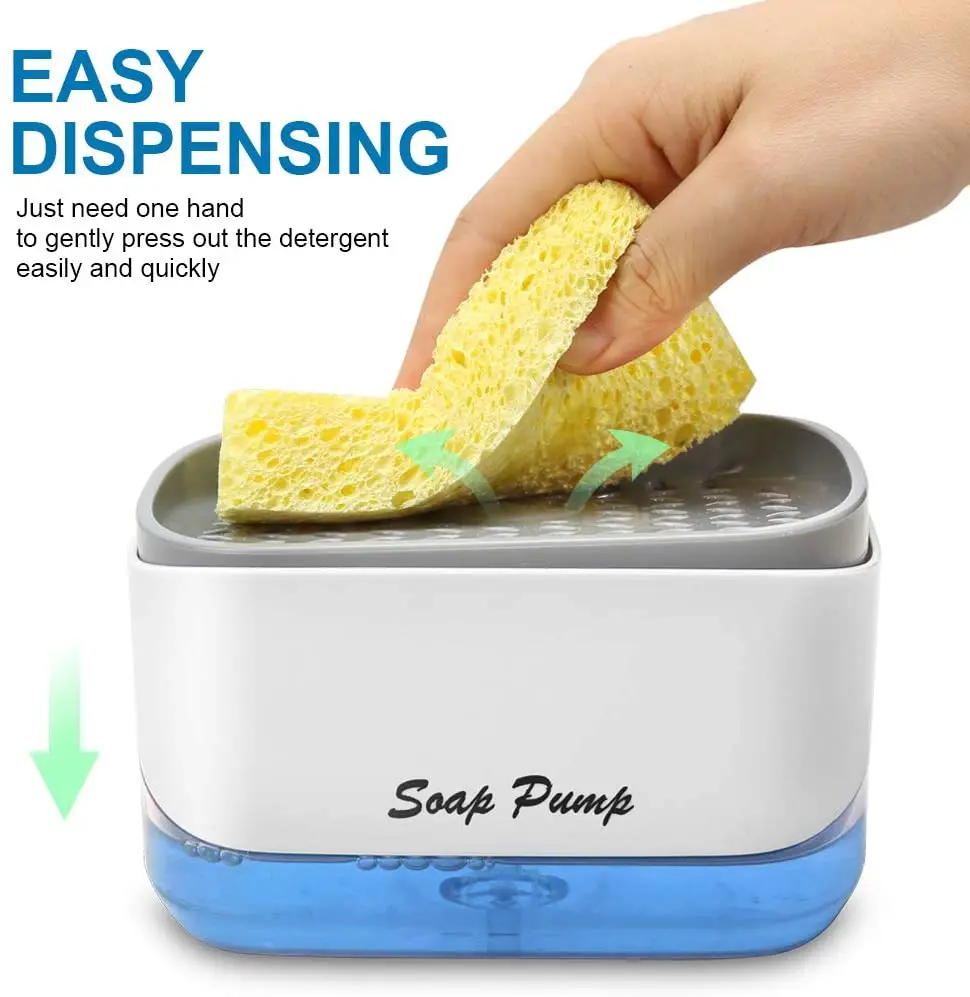 2-in-1 Sponge Rack Soap Dispenser Sponge Caddy Soap Pump Dispenser, Dish Soap Dispenser for Kitchen