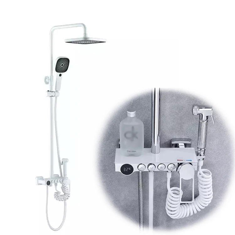 Digital multifunction white rainfall shower head temperature faucet with waterfall spray brass shower mixer set