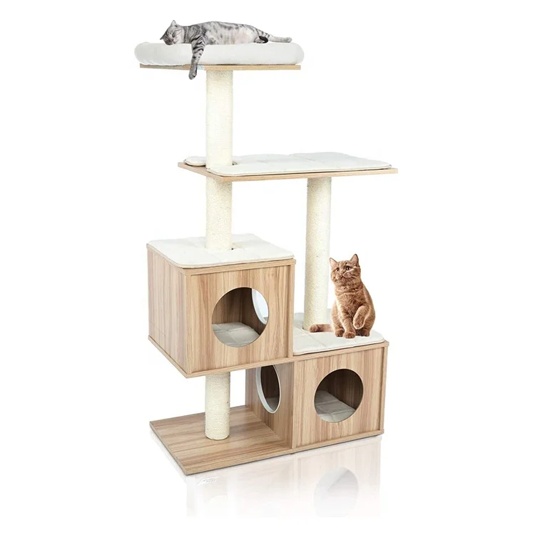 4 Levels Wooden Modern Cat Furniture Cat Tree Tower with 2 Condo Scratching Posts