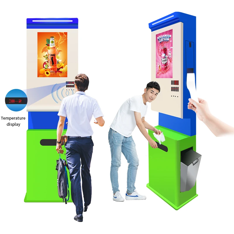 
Advertising Display Temperature Kisok Automatic Disinfection Liquid Soap Dispenser with Tissue and Recycle Bin 