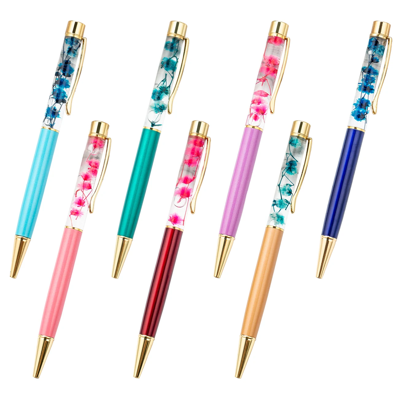Customized logo printed cute pen 3d real dry flower in tube floating promotional metal pen