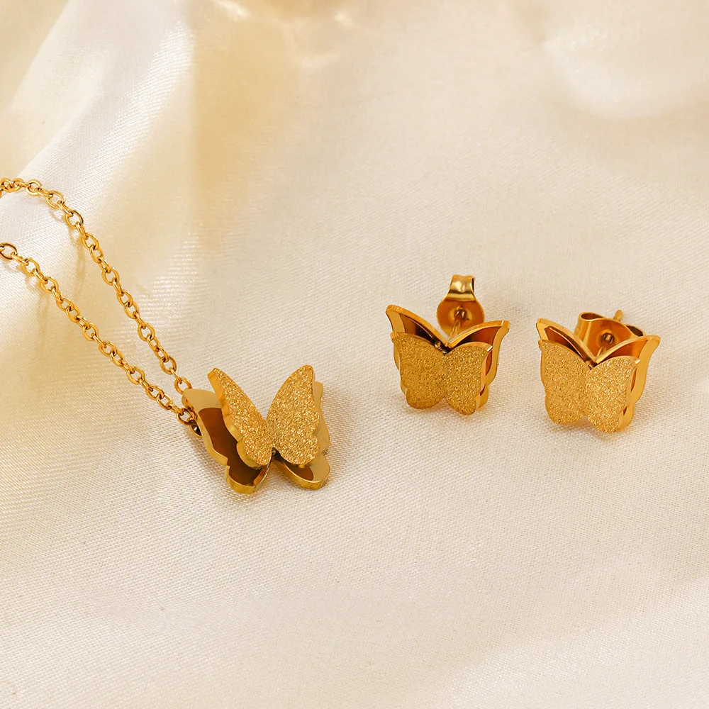 Luxury 18K Gold-Plated Stainless Steel Butterfly Earrings Necklace Set Wholesale Fashion Jewelry Ins Stainless Steel Jewelry
