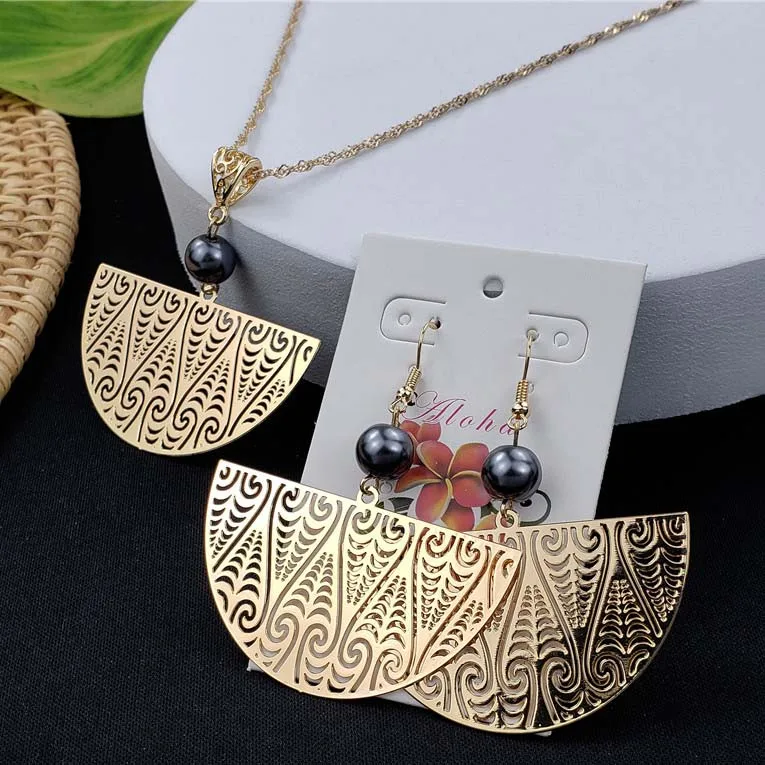 
Hawaiian fashion plated gold pearl pendant necklace earrings jewelry set for women 