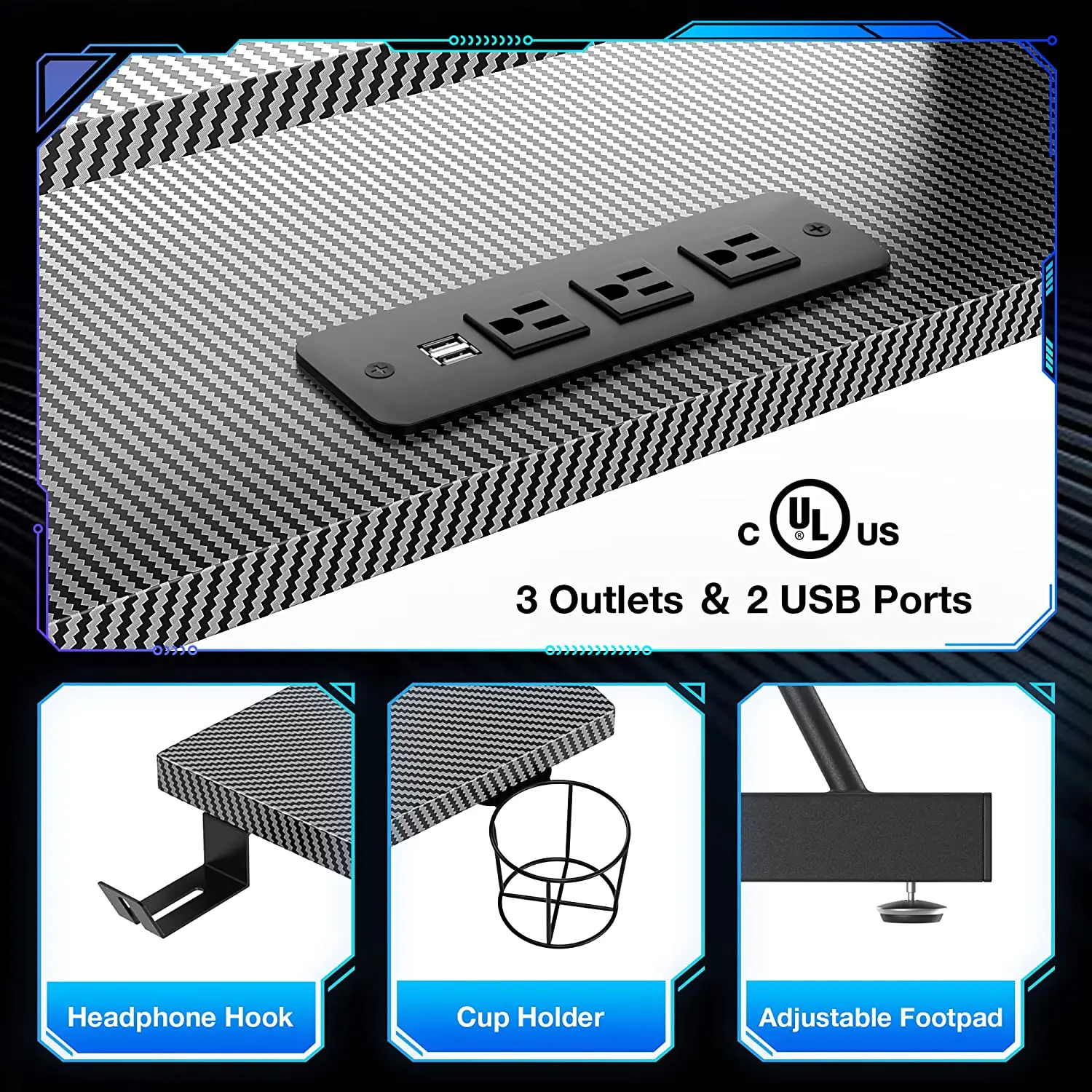 Gaming Desk with Led Lights and  Power Outlet L Shaped Computer Corner Desk