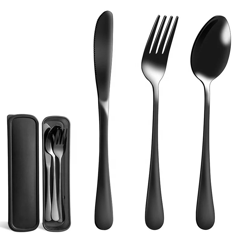 Portable Stainless Steel Fork And Spoon Knife Travel Cutlery Set With Case Sliverware for Lunch Camping