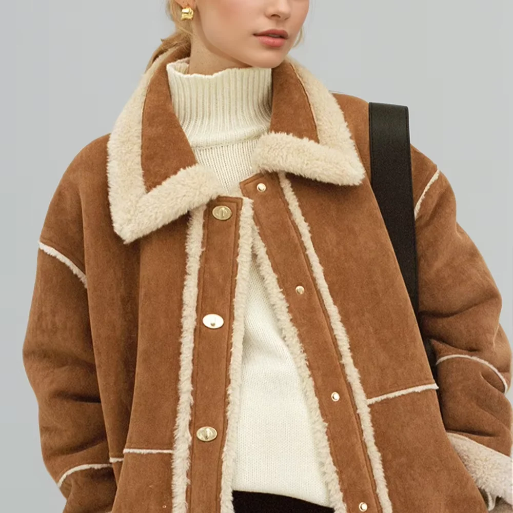 2024 женская верхняя одежда на заказ винтажная Повседневная теплая зимняя куртка из замши большого размера с искусственным воротником