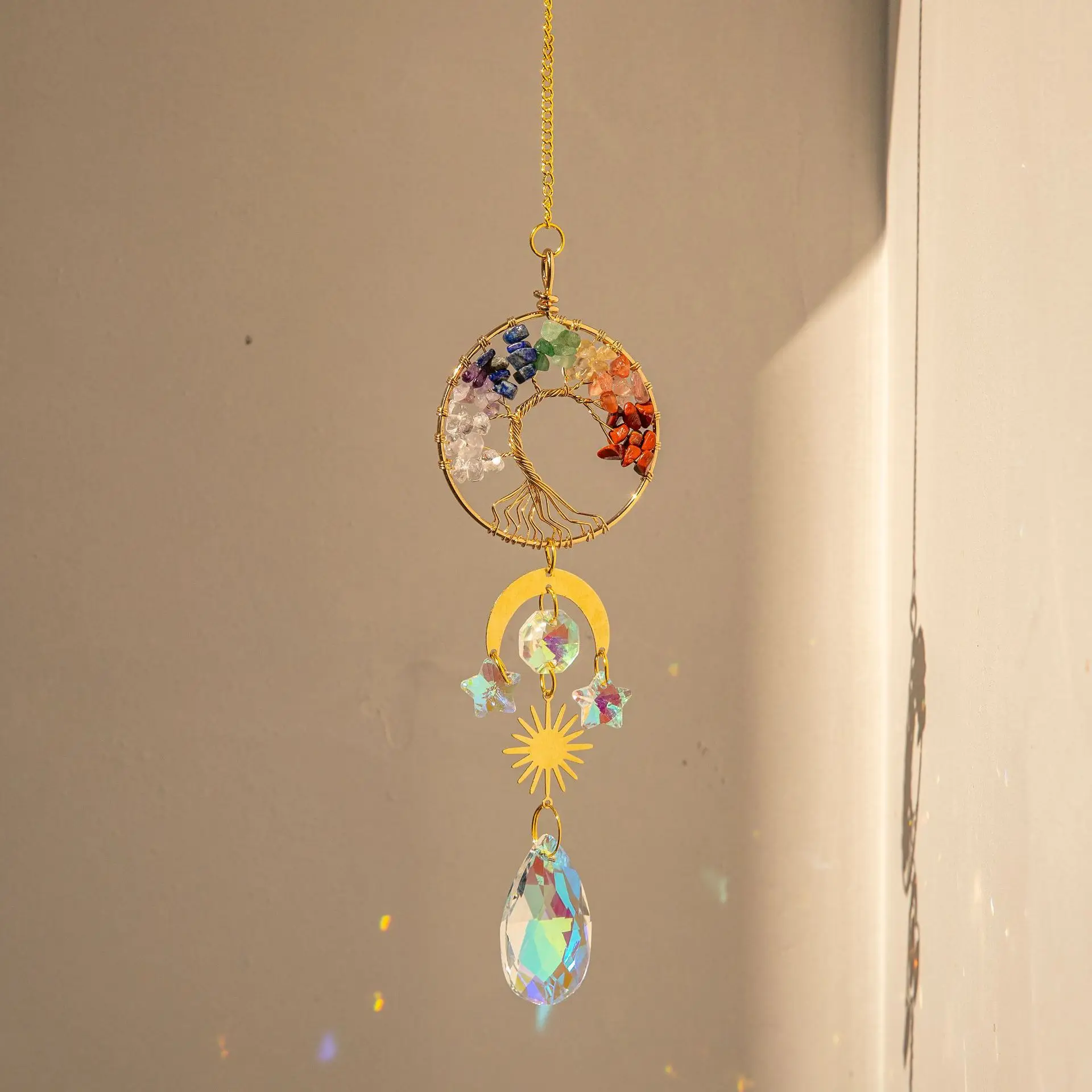 K9 Tree Of Life Rainbow Light Catcher Chakra Crystal Sun Catcher Hanging Rose Quartz Outdoor For Car
