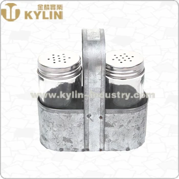 age-old looking glass salt and pepper set shaker with galvanized steel holder